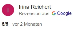 Google-Bewertung 5 von 5 Sternen von Irina Reichert für Thomas Rauch