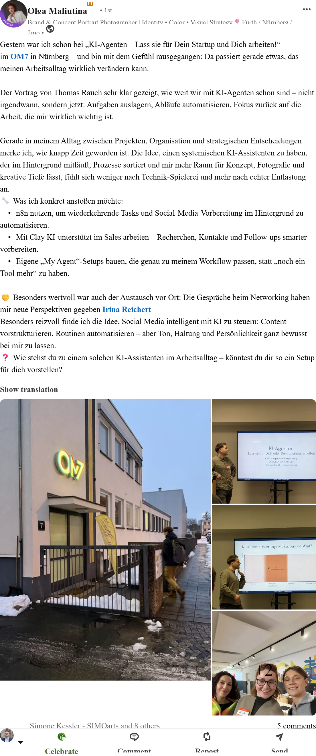 LinkedIn-Post von Olga Maliutina über den KI-Agenten-Vortrag von Thomas Rauch im OM7 Nürnberg