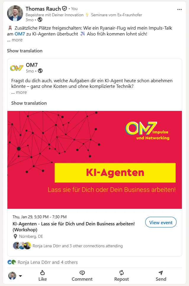 LinkedIn-Ankündigung von Thomas Rauch zur OM7-Veranstaltung 'KI-Agenten - Lass sie für Dich oder Dein Business arbeiten' im OM7 Nürnberg