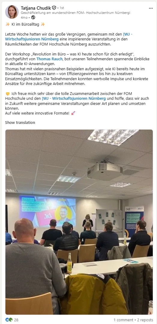 LinkedIn-Post von Tatjana Chudik (Geschäftsleitung FOM Hochschule Nürnberg) über den Workshop 'KI im Büroalltag' mit Thomas Rauch und den Wirtschaftsjunioren Nürnberg